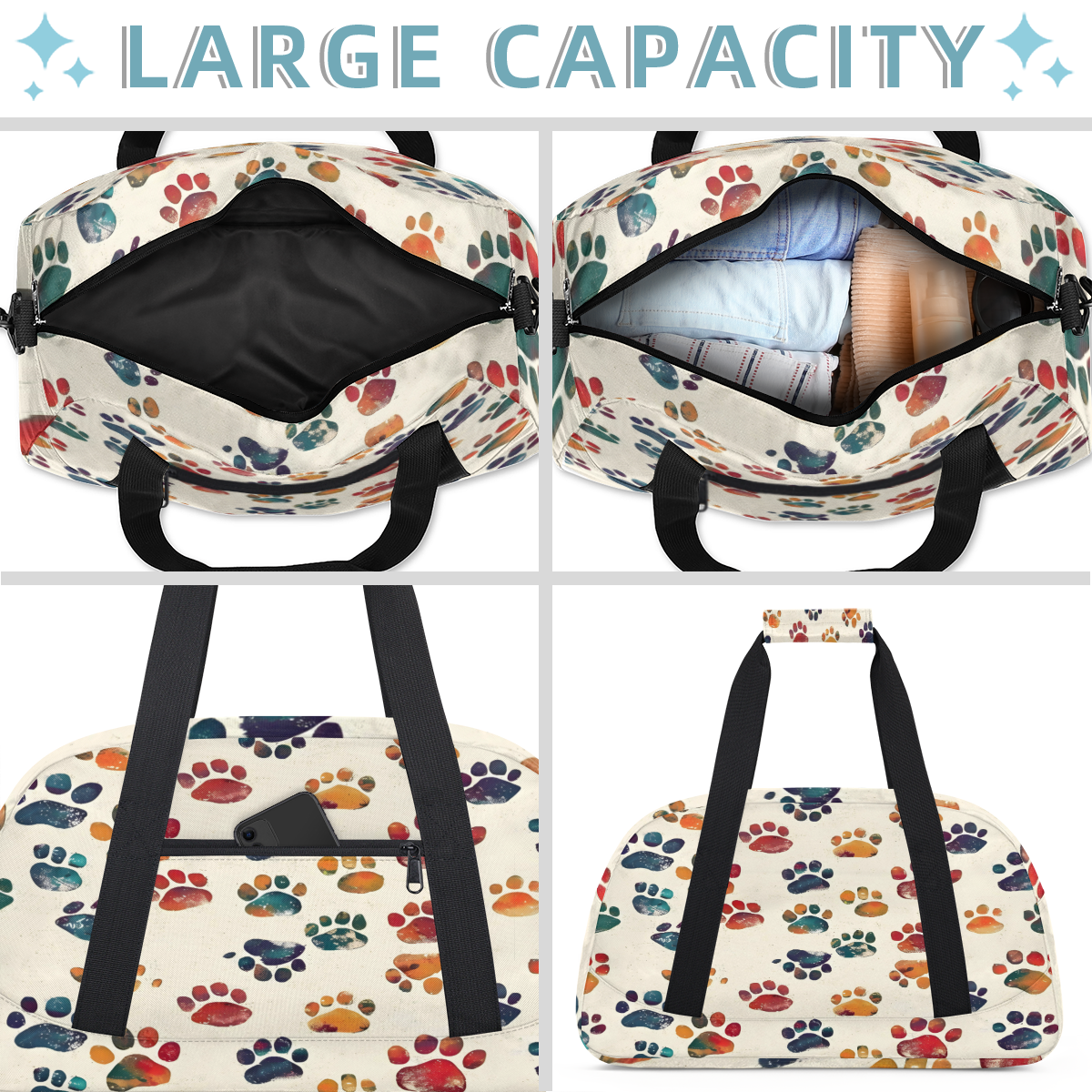 Herdesigns Sports Duffle Bags Travel Duffle Bag Gym Bag Dog Paw Print Weekender Travel Bag Waterproof Overnight Bag Carry On Travel Tote Bag Dance Bags