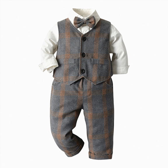 Gubotare Puremlik Boys' 4-Piece Gentleman Outfits Set with Dress Shirt Bow Tie Vest and Pants for Toddler (Khaki, 90)