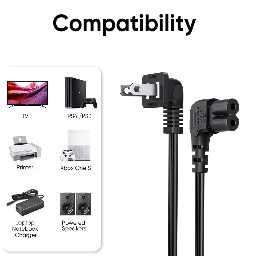 NEMA 1-15P to IEC 320 C7 Right Angle Power Cord, 90 Degree Polarized 8-Figure AC Power Cable [2FT, 18AWG] for PS5, Xbox, Monitor, TV, Projector, PC, Printer, Speaker - UL/ETL Listed, Flexible (0.6M)