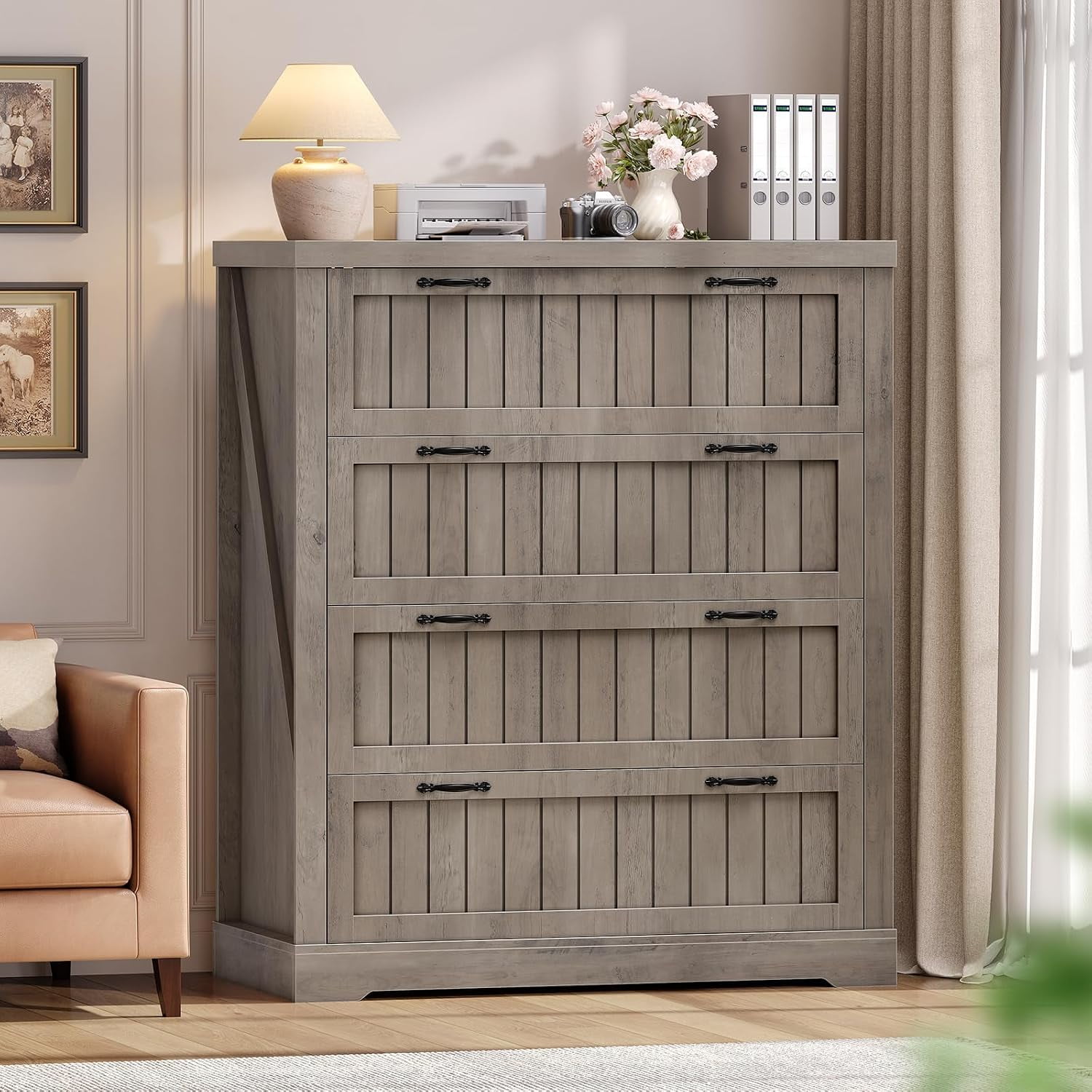 Farmhouse 4 Drawer File Cabinet Filing Cabinet for Home Office Wood Office File Cabinets for Letter/Legal/A4 Size File Cabinet Organizer with Printer Stand for Study Room Living Room Grey