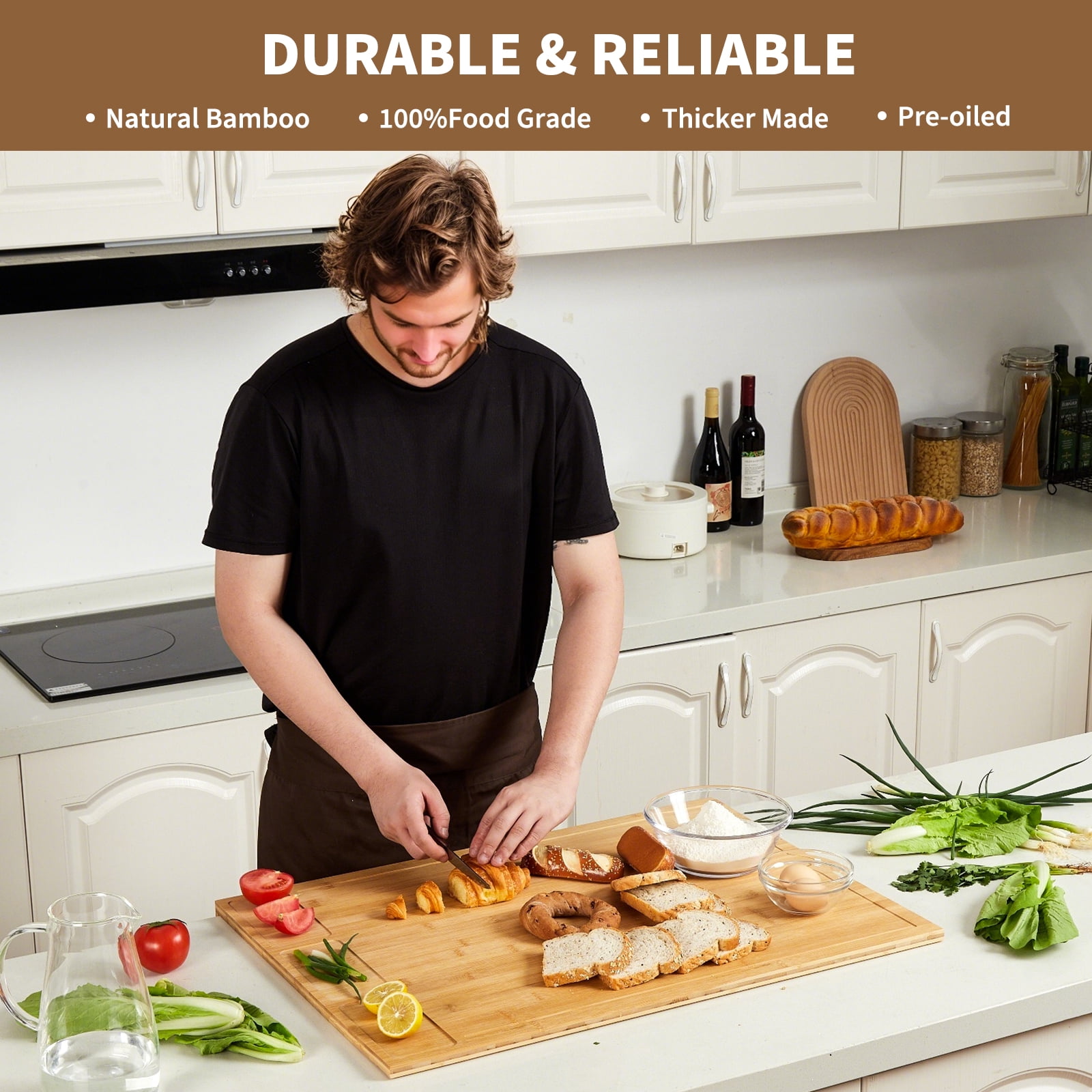 Bamboo Cutting Board & Stovetop Cover - Raised Chopping Board with Detachable Legs, Juice Groove & Compartments - Versatile Sink Cover for Home and Restaurant Kitchen Countertops