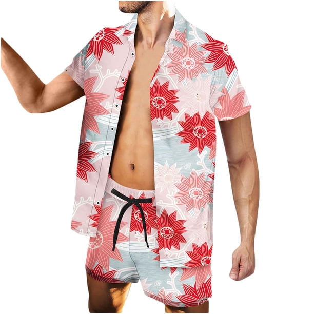 Conjunto casual de blusa y pantalones de playa de manga corta con estampado de botones para hombre Pompotops oipoqjl35918