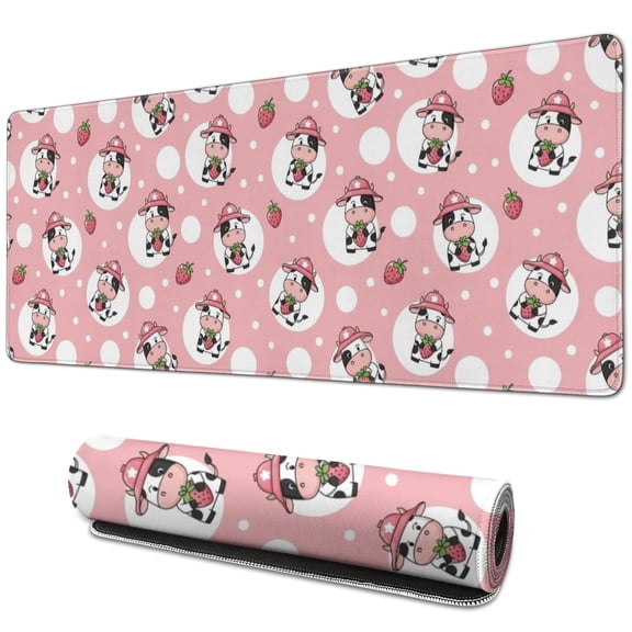 Long Mouse Pads for Desk,Pink Cow Strawberry Hat Pattern Desk Mats on Top Of Desks, Desk Mouse Pad Extra Large with 3mm Non-Slip Base and Stitched Edge for Gaming,Office,Work,Home 31.5"x11.8"
