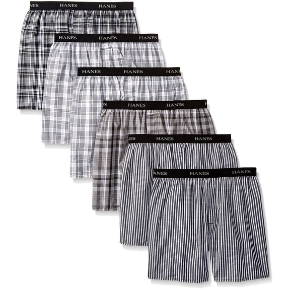Hanes 6 Pair Men's L Classics Cotton Boxers Boxer Shorts Gray Plaid Gray Size L