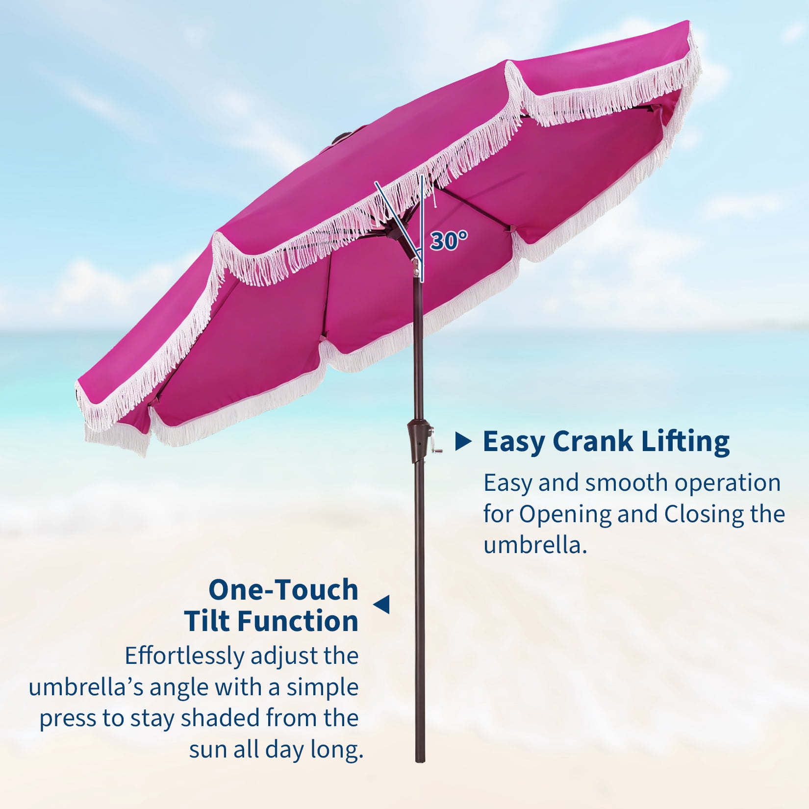 9FT Fringe Patio Umbrella with Crank Handle, Push Button Tilt, 8 Fiberglass Ribs, 1.5" D Premium Steel Pole, Outdoor Tassel Umbrella for Beach Pool