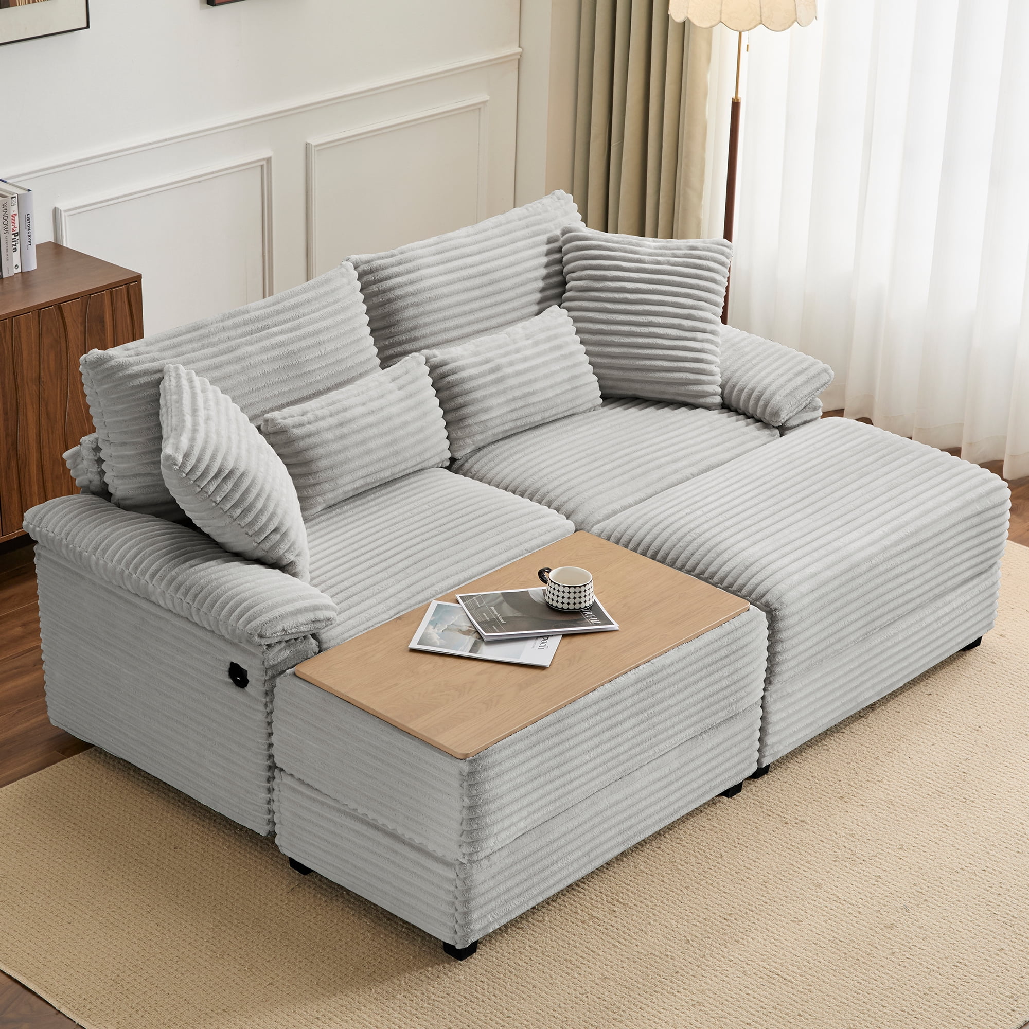 Alvantor 74" Sofa Loveseat with Reversible Ottoman & USB Port Corduroy Chaise Couch for Living Room Gray