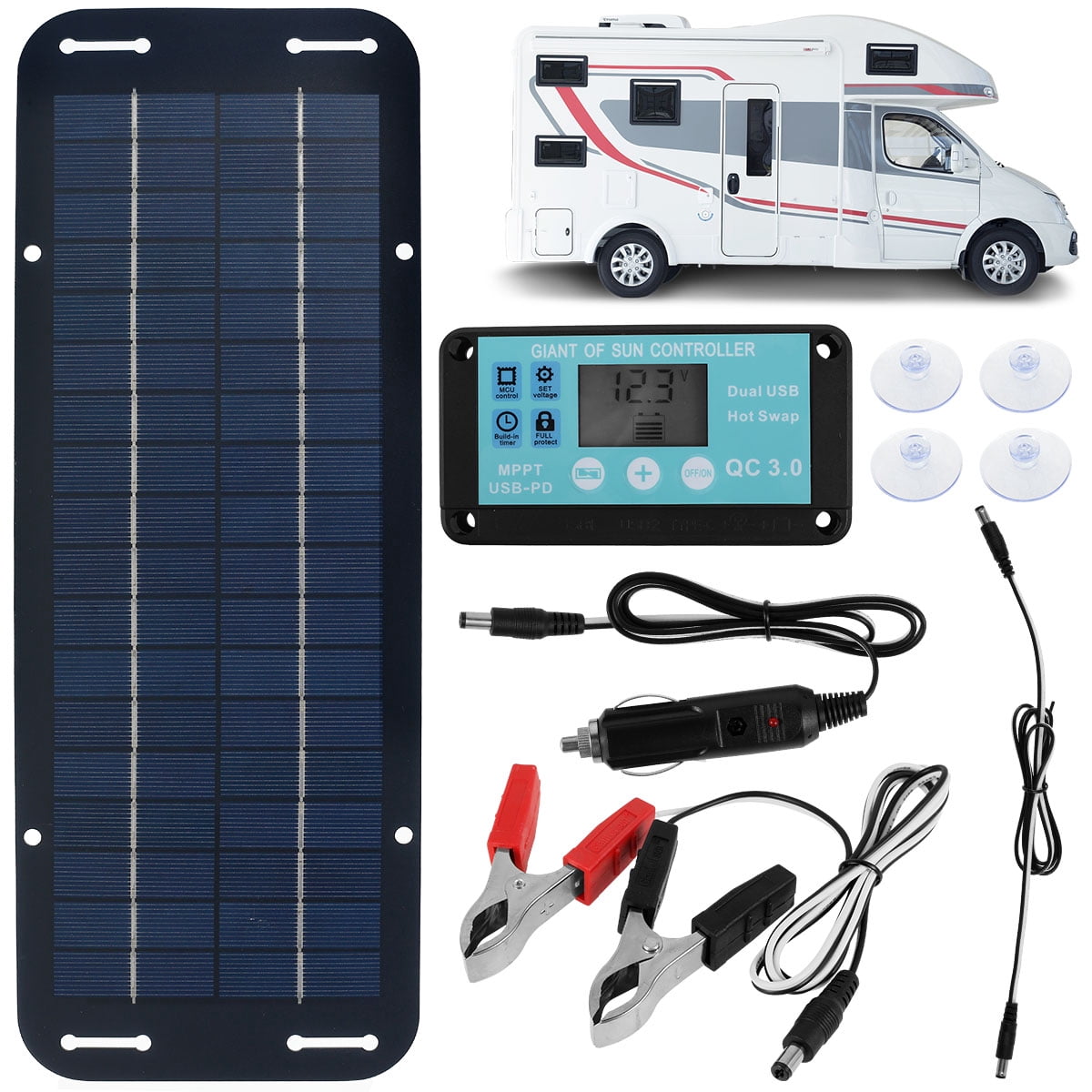Solar Panel Kit 12V 30W IP65 Waterproof Solar Trickle Charger Portable Monocrystalline Solar Powered Battery Charger with Voltage Regulator Car Battery Charger Controller