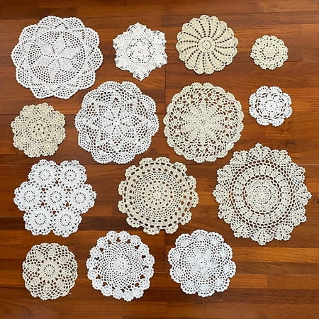 

14 pcs Cotton Crochet Doilies 4 -11.5 Handmade White Beige Placemats