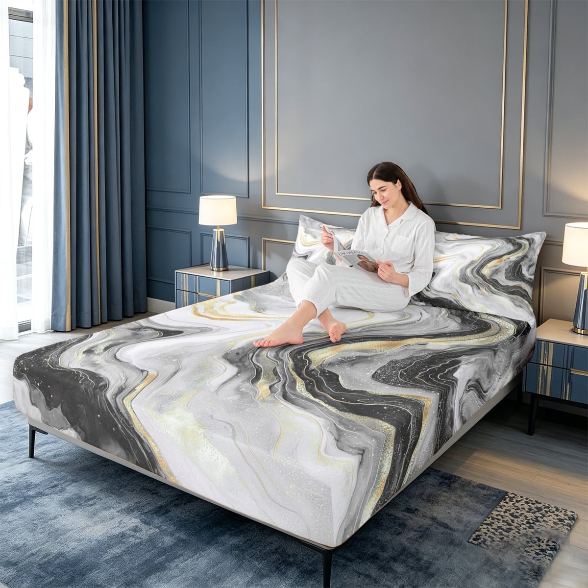 meiyoeat Modern Marble Art Queen Sheets For Women Men,Abstract Swirl Design Queen Sheet Sets For Adults,4-Piece