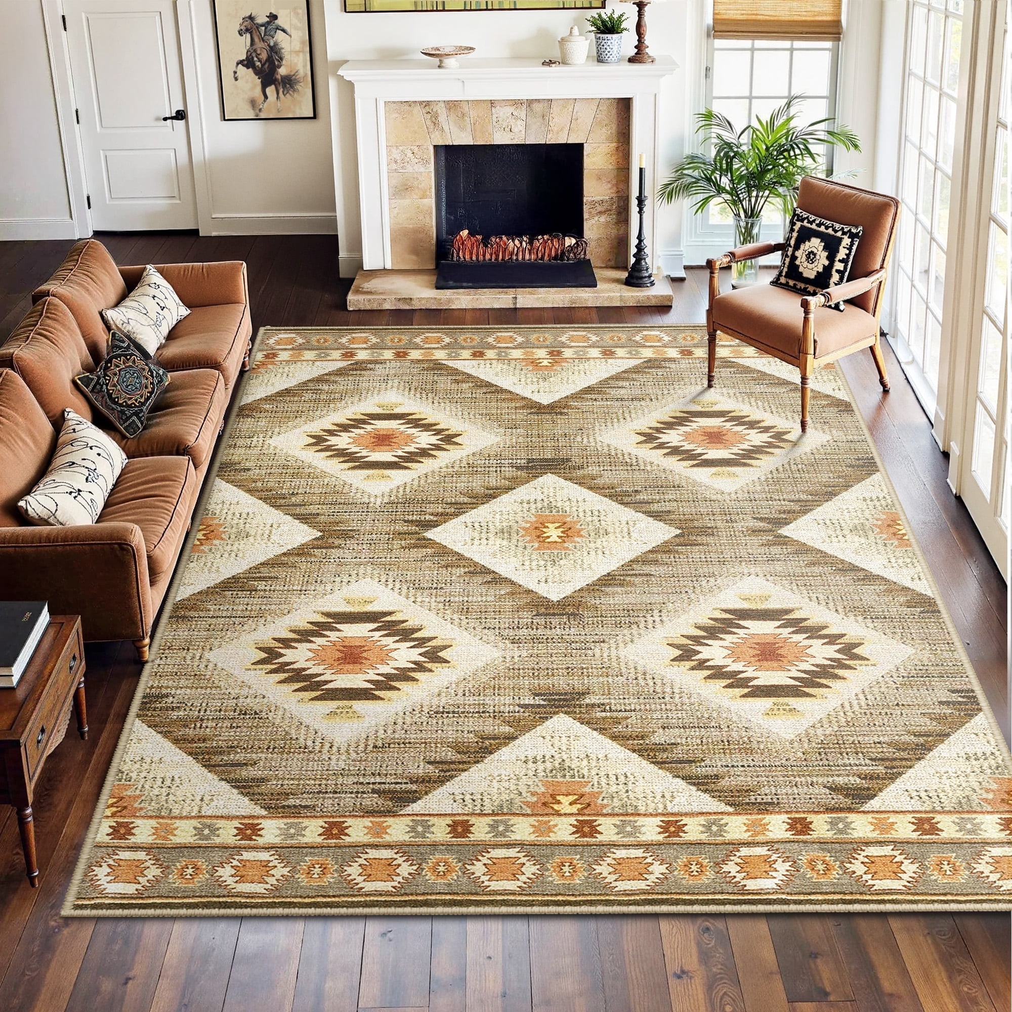 NewBuros 9'x12' Area Rug for Living Room, Machine Washable Non-Slip Rug, Soft Low Pile Stain Resistant Vintage Western Indoor Rug for Bedroom Dining Room, Camel