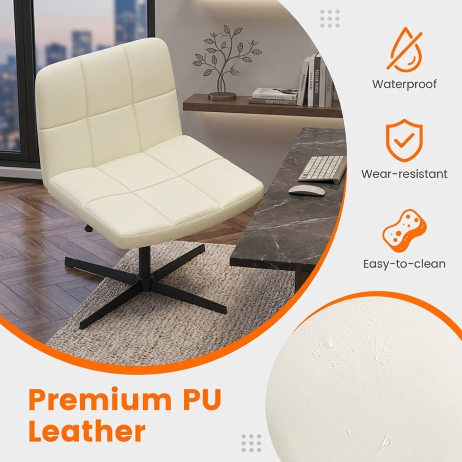 Furnibear PU Leather Upholstered Cross Legged Armless Office Chair with Oversized U Shaped Seat Swivel Rolling Vanity Desk Chair, Beige