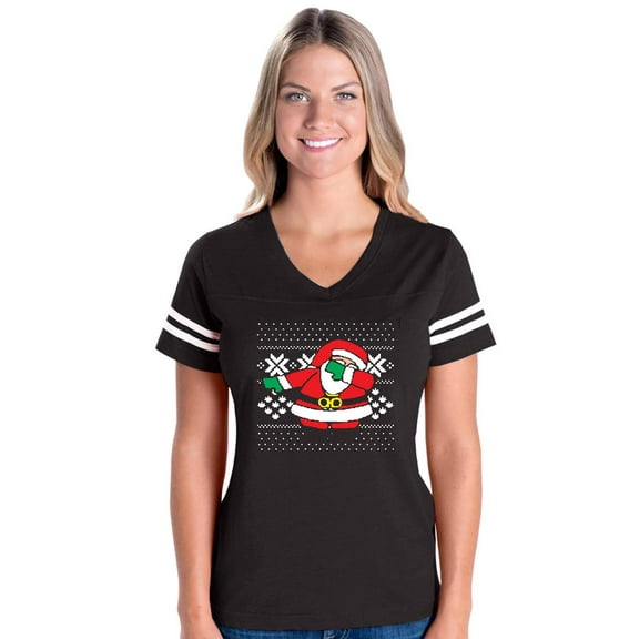 Womens Christmas Dancing Santa Football V-Neck T-Shirt