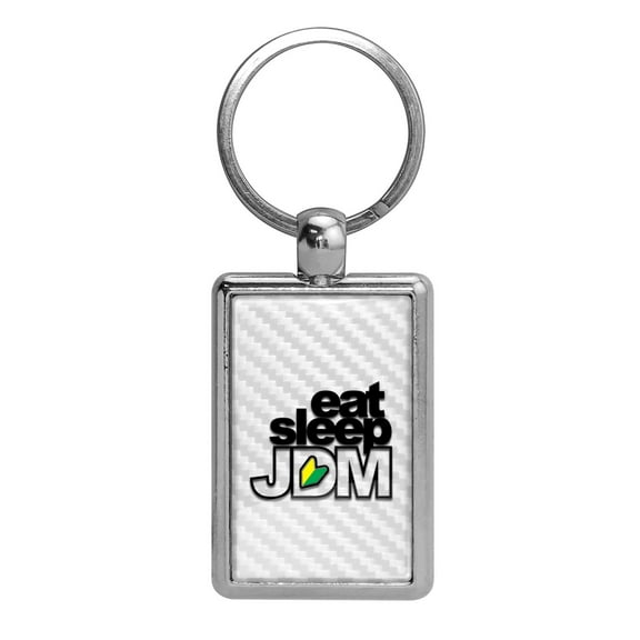 iPick Image for JDM Eat-Sleep-JDM White Carbon Fiber Backing Brush Rectangle Metal Key Chain, Official Licensed