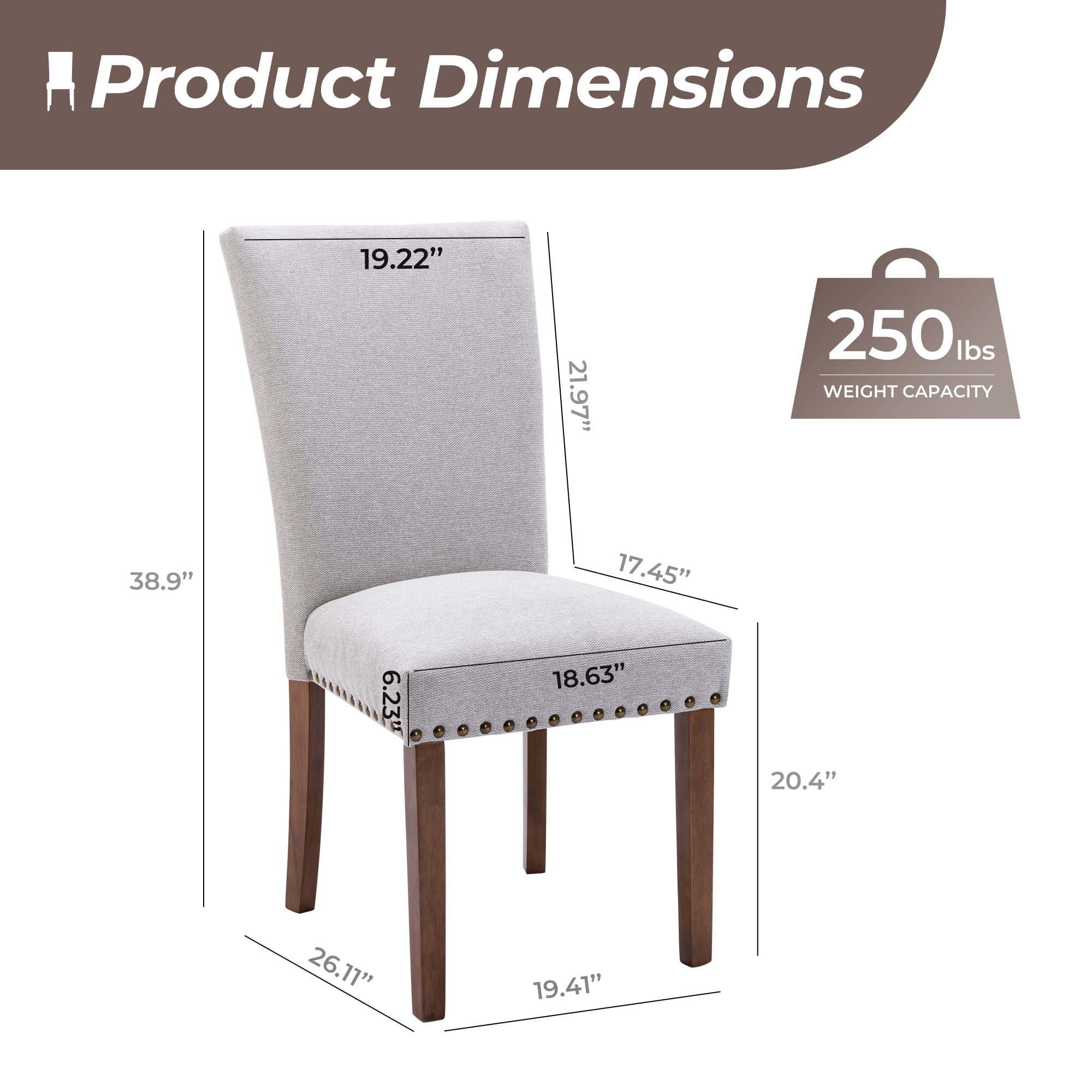 Mid-Century Fabric Dining Chairs Set of 6 with Nailhead Detail and Wooden Legs, Upholstered Side Chairs for Kitchen and Dining Room – Lightgrey