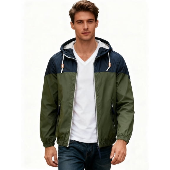 MADHERO Men's Block Hooded Windbreaker Jacket, Lightweight Waterproof Zip Up Casual Outdoor Windproof Rain Jacket, Athletic Track Coat with Drawstring Hood