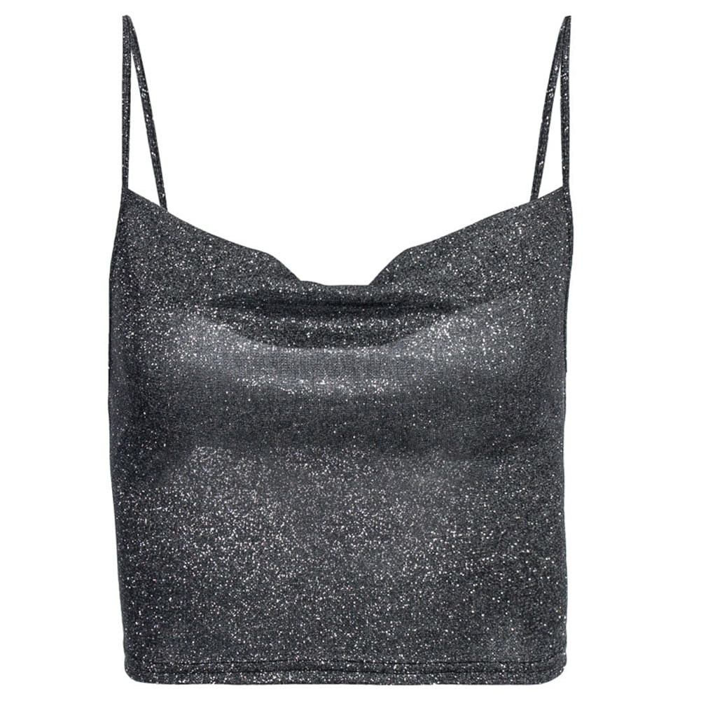 Opperiaya Women Crop Top Black Shiny Spaghetti Straps Form Fitting Tank Top Black