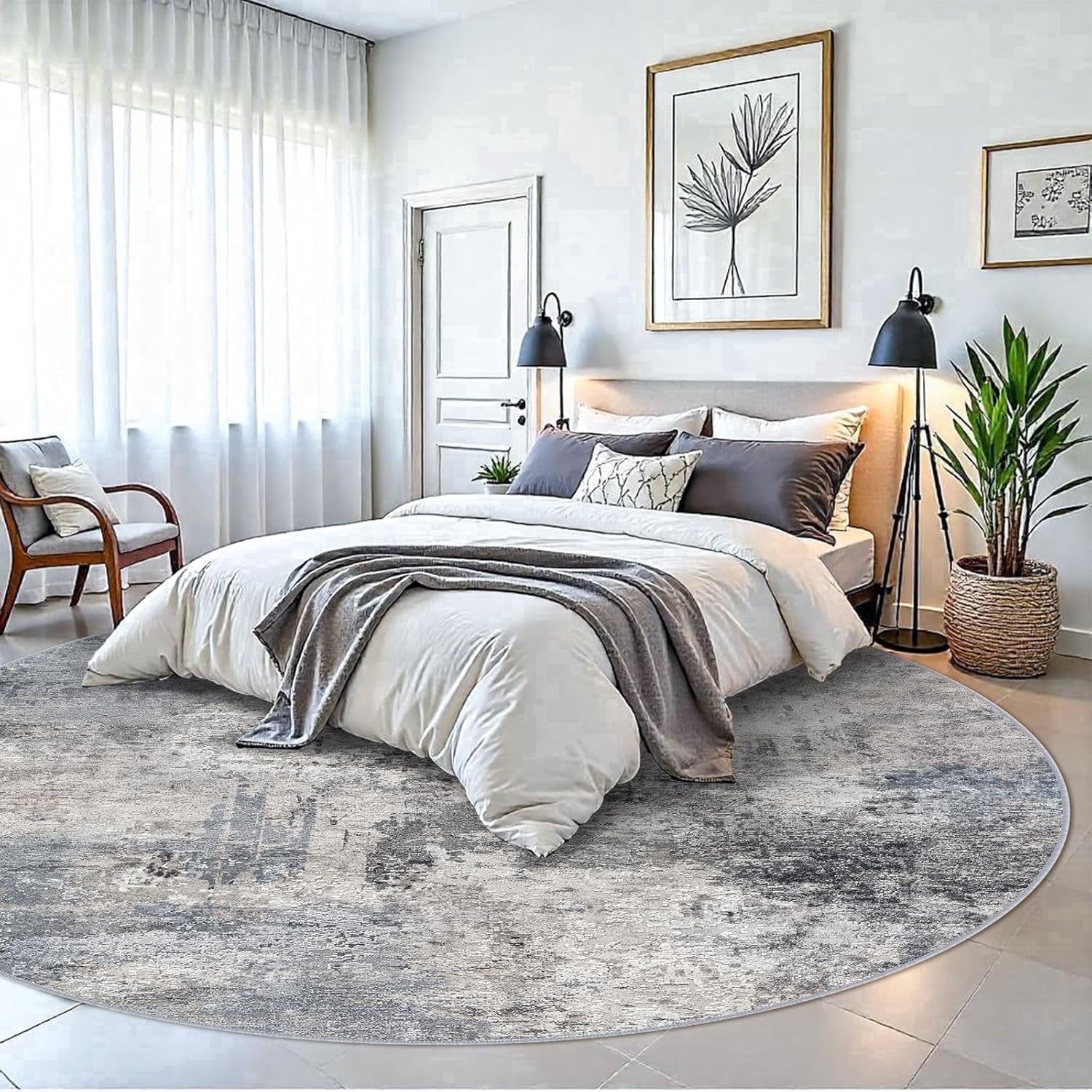 YOUFORTONG 9ft Round Washable Abstract Area Rug, Modern Low Pile Carpet, Soft Non-Slip Stain Resistant Indoor Mat for Living Room Bedroom Dining Room,Blue