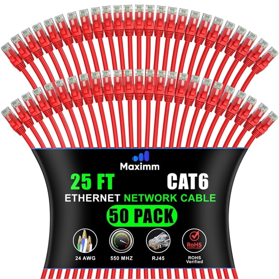 Maximm Cat 6 Ethernet Cable 25 ft (50-Pack) - High-Speed LAN, Internet, Patch, and Network Cable - UTP, 10Gbps, 550MHz Ethernet Cord - Red
