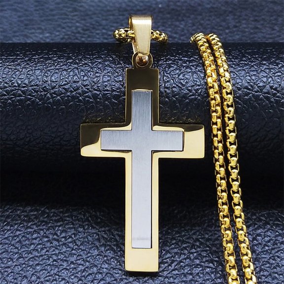 14K Yellow Gold Cross Pendant Chain Necklace For Men Christ Jesus Jewelry Catholic Crucifixes Rosaries Accessories