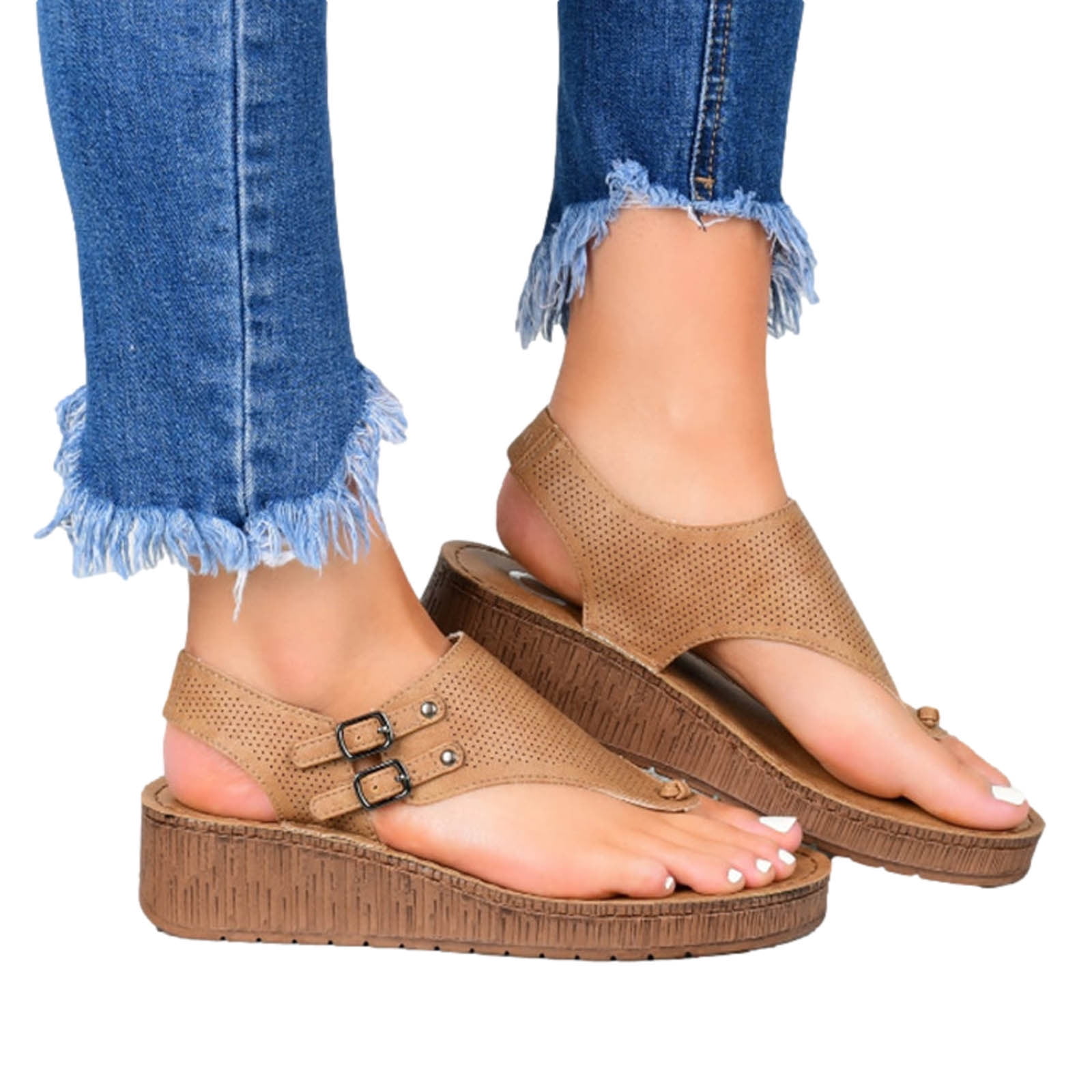 Womens Casual Sandals Comfort Platform Low Wedge Shoe Summer Split Toe Hollow Out Gladiator Sandals 