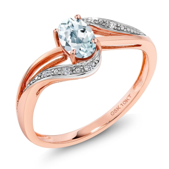 Gem Stone King Sky Blue Aquamarine and Diamond 0.47 Ct 10K Rose Gold Engagement Bypass Ring (Size 8)