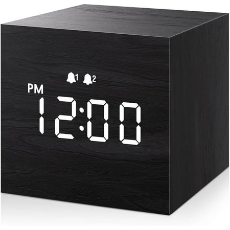 Digital Alarm Clock, With Wooden Electronic LED Time Display, 3 Alarm, 2.5-inch Cubic Small Mini Wood Made Electric Clocks for Bedroom, Bedside, Desk(Black)