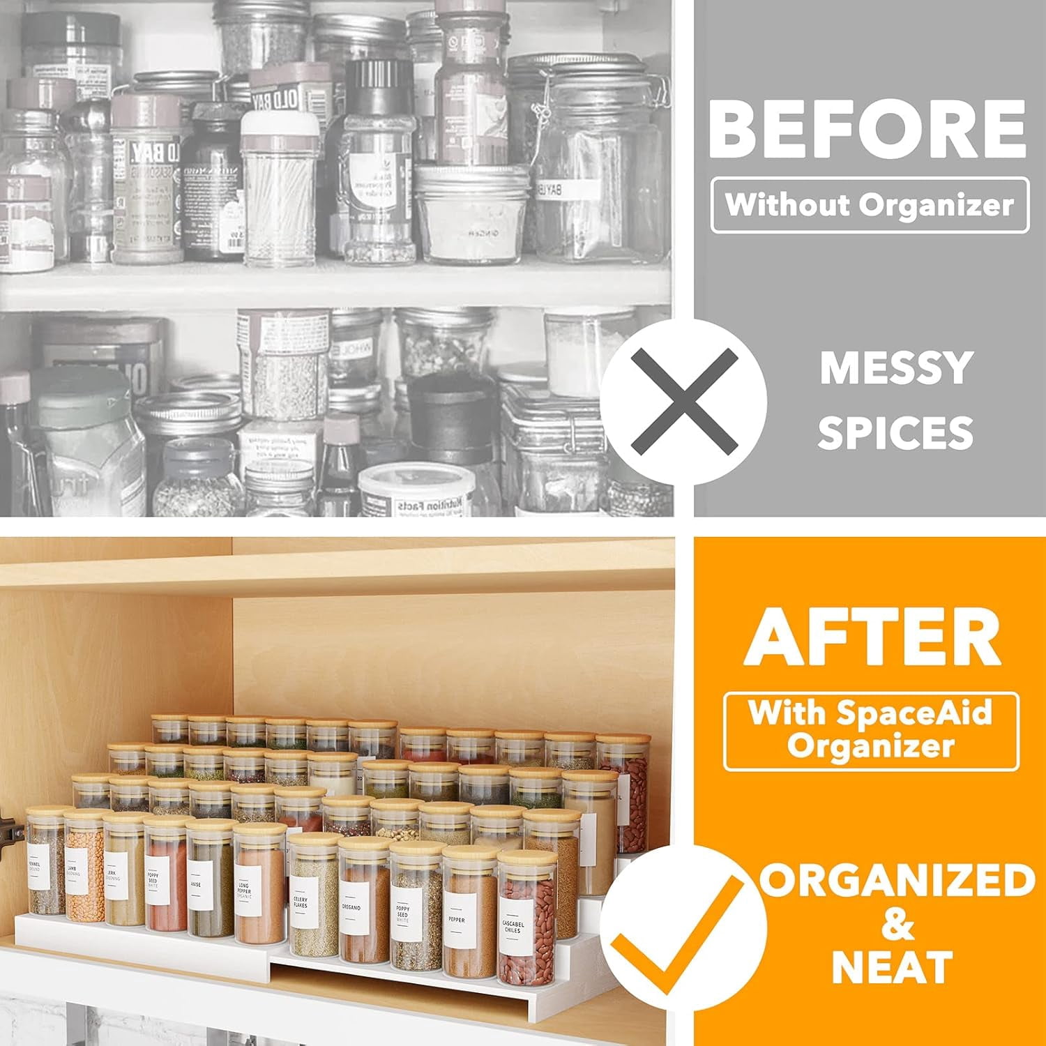SpaceAid Expandable Spice Rack Organizer for Cabinet, Bamboo, 4 Tier, White