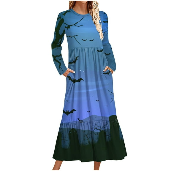 WXLWZYWL Womens Halloween Dress Plus Size Womens Dresses Fall 2024 Floral Printed Long Dress Long Sleeve Round Neck Sundress
