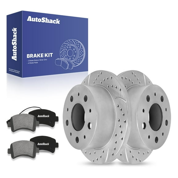 AutoShack 11.01" (279.7 mm) Rear Solid Drilled & Slotted Brake Rotors Coated   Premium Ceramic Brake Pads | Replacement for Ram ProMaster 1500 | Silver Zinc Coated | 6-PC Brake Kit | SilverShield Pro