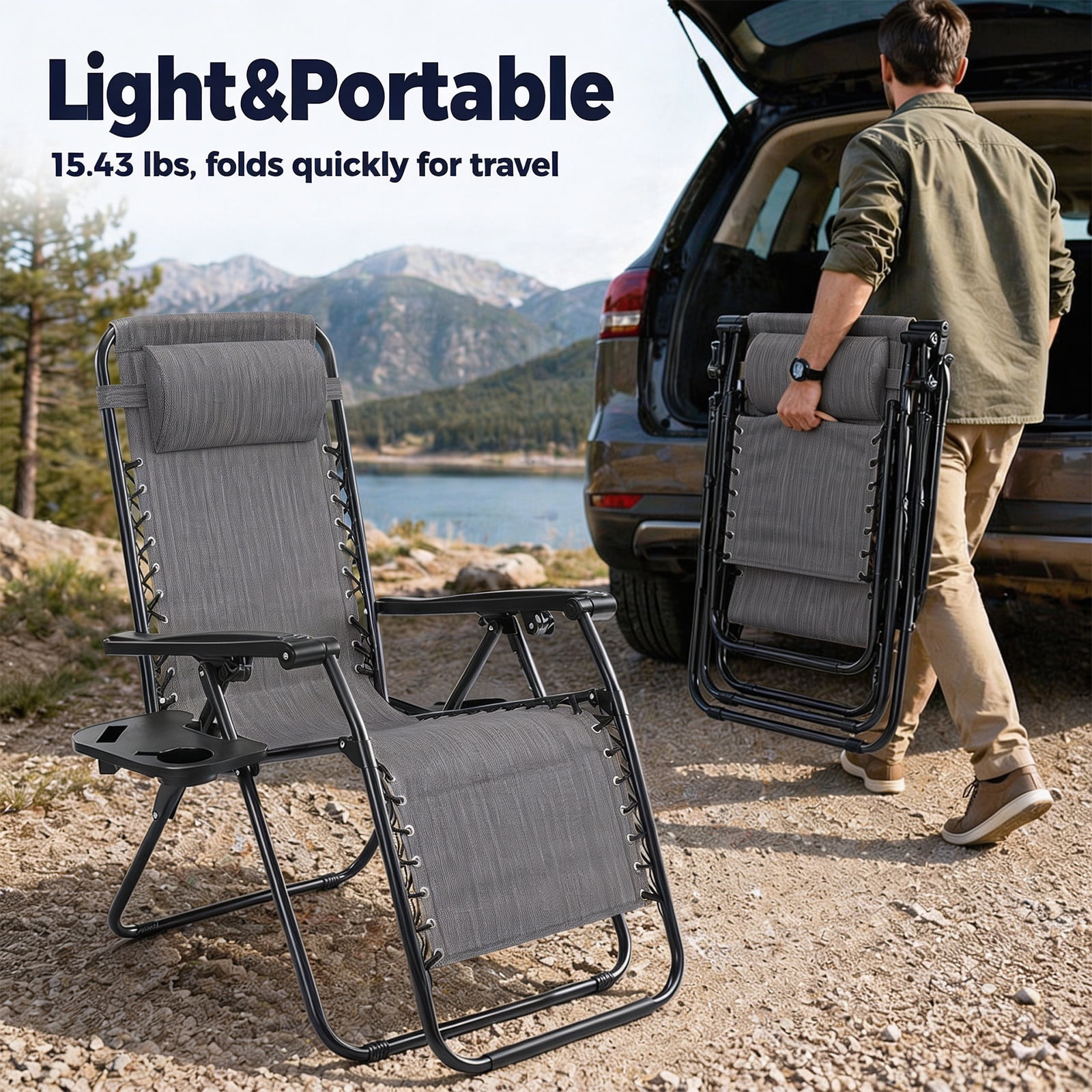 Alvantor 2-Pack Zero Gravity Lounge Chairs, Portable Recliner Beach Camping Patio Outdoor Folding Lounge Chair with Pillow & Cup Holder