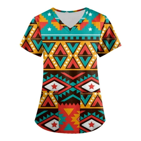 

CHMORA Scrub Tops Women Print Print Nurse Uniforms for Women Short Sleeve V-Neck Shirts Tee Tops with Pockets(Green S)