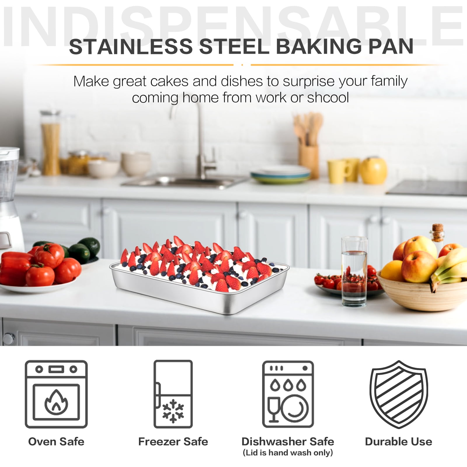 TeamFar Rectangular Cake Pans with Lids, 10.5'' x 8'' x 2'' Stainless Steel  Lasagna Brownie Pan For Baking Roasting, Healthy & Durable, Brushed