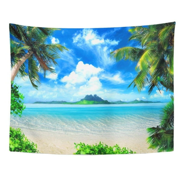 Refred Tropical Coast Beach Hang Palm Trees View The Sea Island Green And Sky Large Clouds Magical Lighting Wall Art Hanging Tapestry Home Decor For Living Room Bedroom Dorm 51x60 Inch