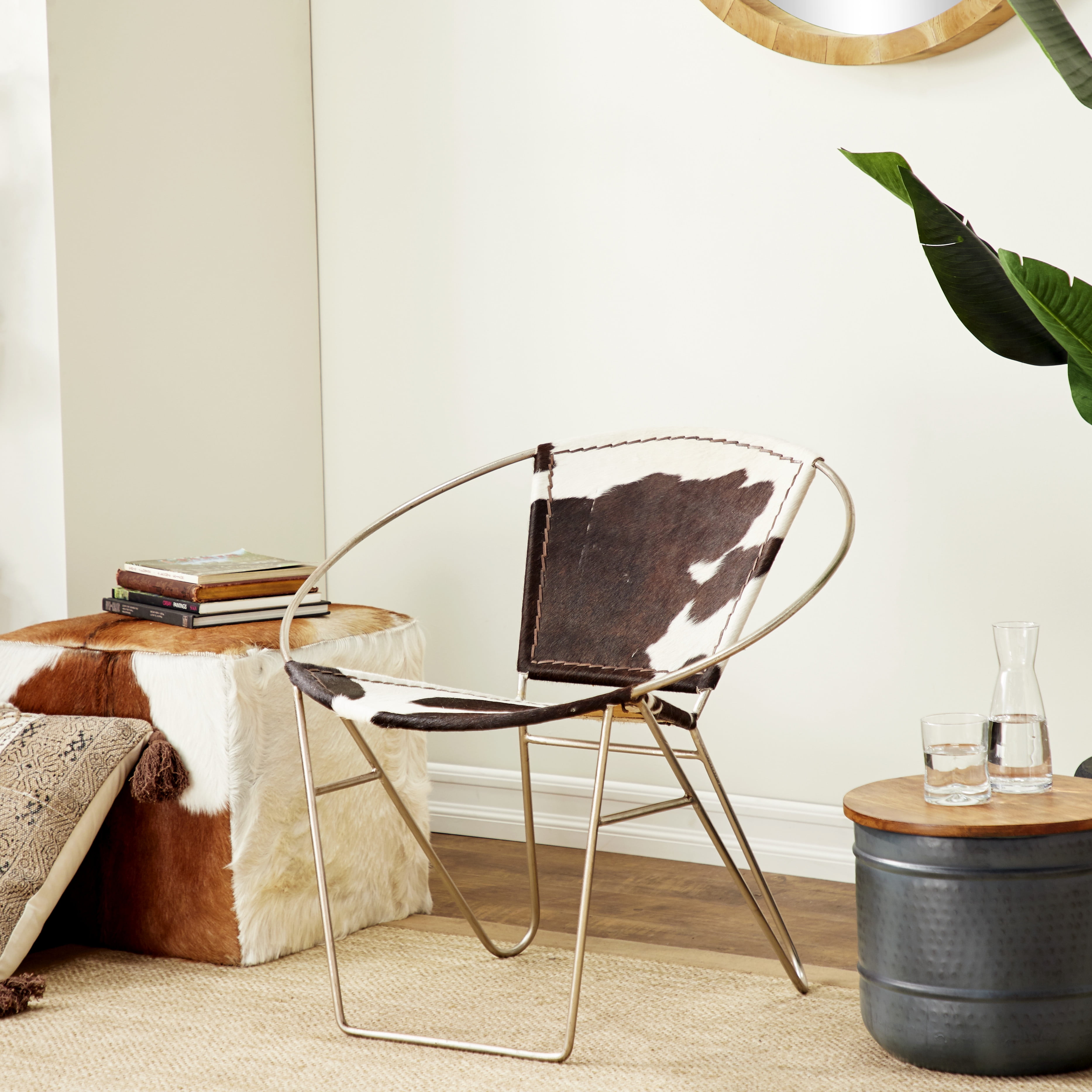 decmode  30” x 36” light brown cowhide chair w silver iron scoop chair  frame  walmart