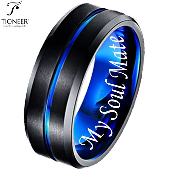 Tioneer Black IP Tungsten Ring w/ Distinct Blue or Red Center Line Comfort Fit w/ Free Engraving Options 8mm