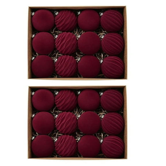 SharkTRUE 24Pcs Velvet Christmas Balls Burgundy Xmas Tree Hanging Ornaments Shatterproof Decorations Pendants 24pcs with Gift Box 2.36"
