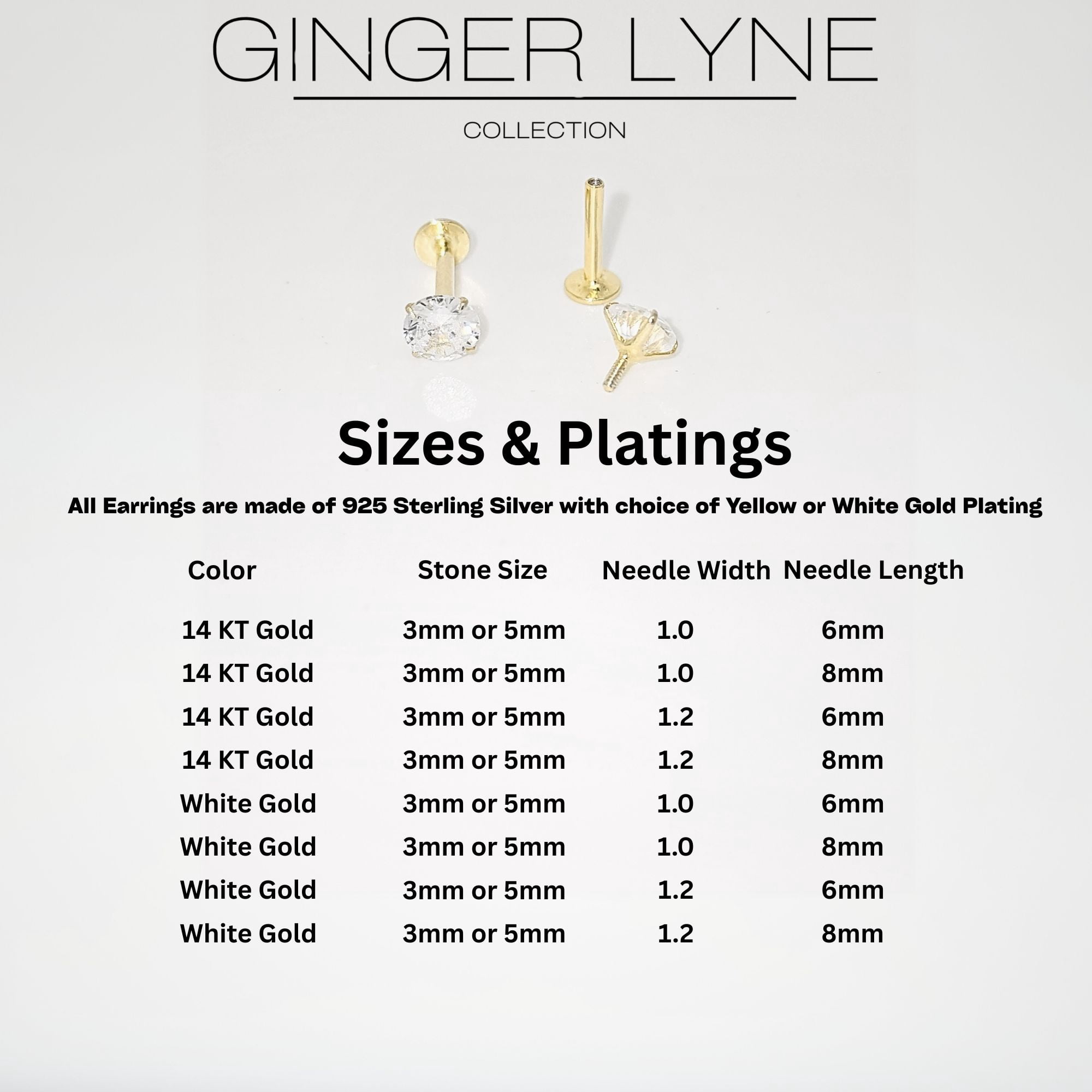 Solitaire Flat Back Stud Earrings by Ginger Lyne Sterling Silver 5A CZ 3mm or 5mm Stone