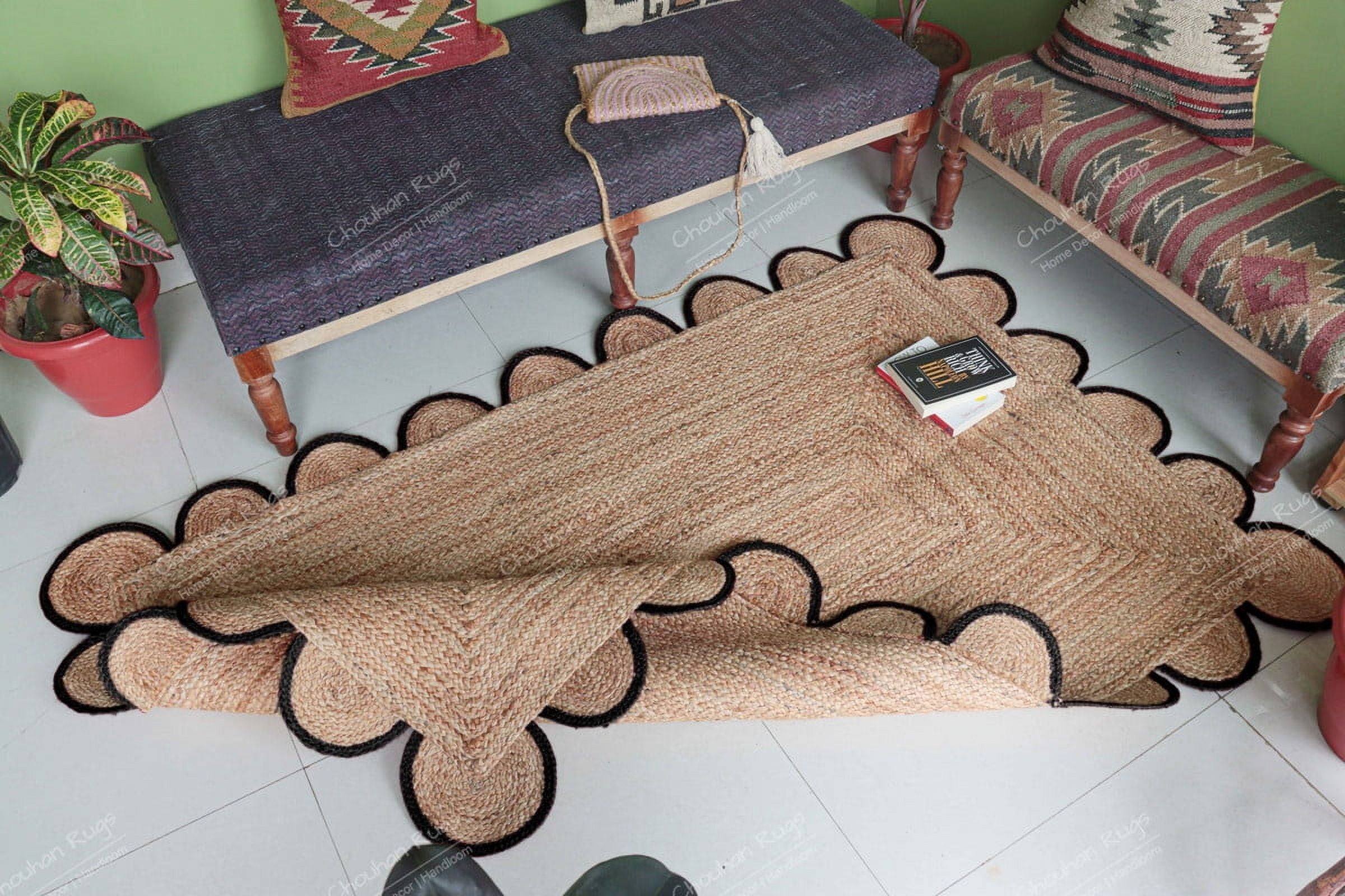 Chouhan Rugs Natural Jute Black Scalloped Rug Bohemian Rug Decor Rug Handwoven Rug Custom Rug Decorative Rug