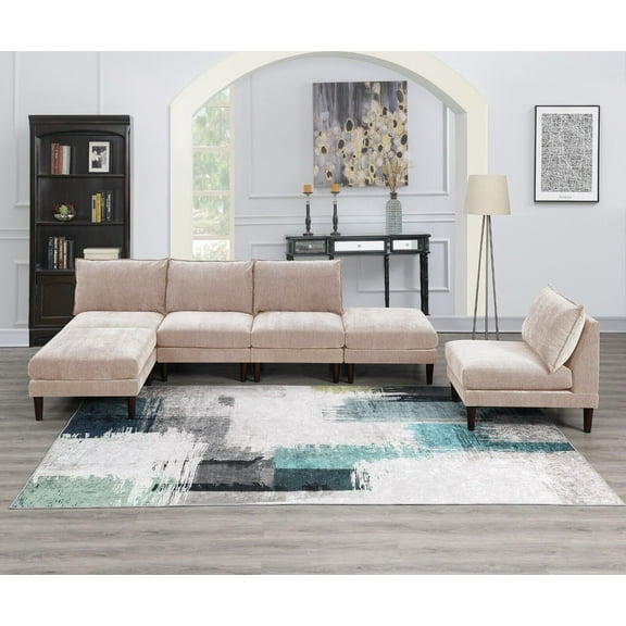 Living Room Classic 6pc Modular Sectional Sofa set 4x Armless Chair 2x Ottoman Blush Morgan Fabric Cushion Couch Furniture
