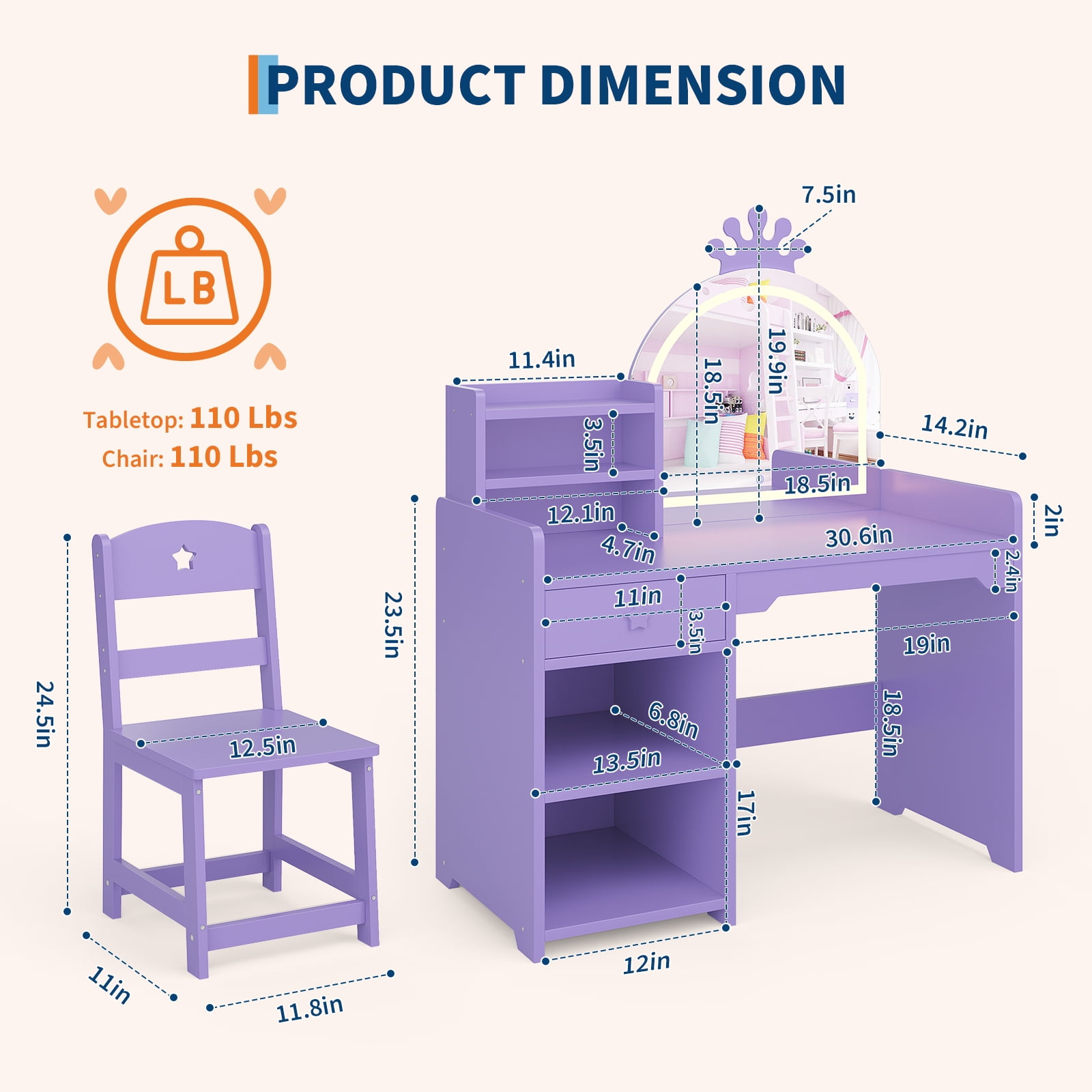 Kids Vanity Set with Lighted Princess Mirror Wooden Makeup Desk with Chair, Drawer & Open Shelves-Purple Dressing Table for Little Girls