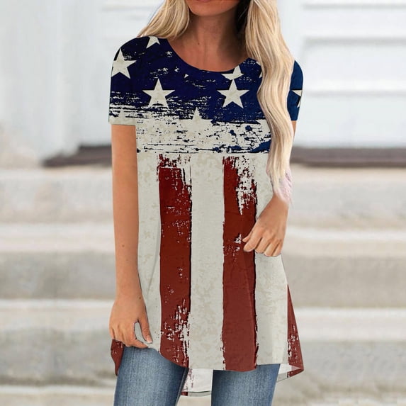 Lilgiuy Women Casual T-shirt Independence Day Printed Round Neck Blouse Short Sleeve Pullover Tops