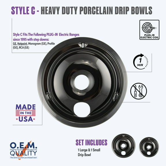 Range Kleen P179802XCD5 Style C Black Porcelain Drip Bowl Set, 2 Pack