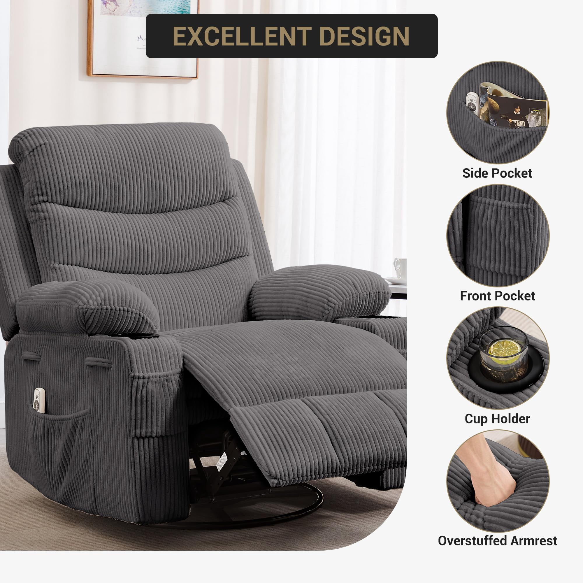 Recliner Chair Nursery, Oversized Manual Reclining Rocking Chair, 360 Swivel Glider with Cup Holder, Massage and Heat Recliner, Indoor Small Single Sofa Chairs for Adults RV Bedroom, Beige/Grey/Brown