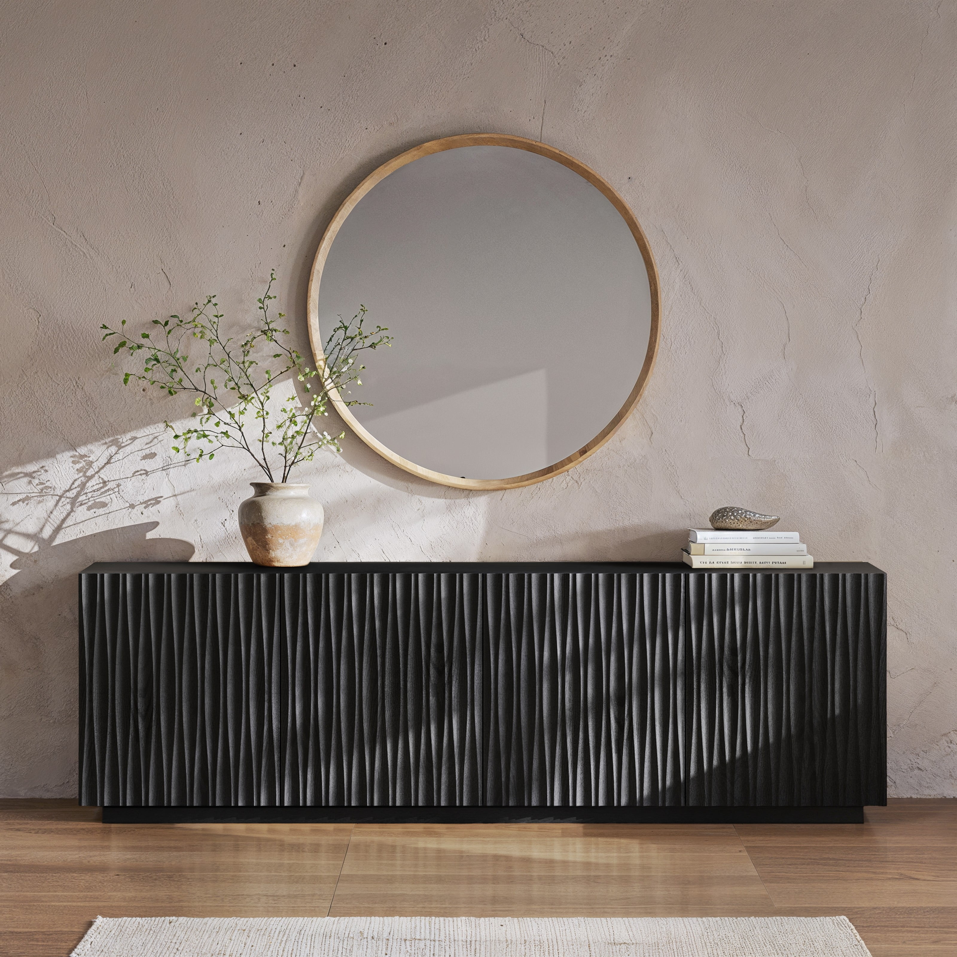 CHIC HOUSE 70" Fluted TV Stand for TVs up to 75", Mid-Century Modern Tall Media Cabinet with 4 Doors & Shelves, Wave-Inspired Wooden TV Console for Living Room, Bedroom, Black