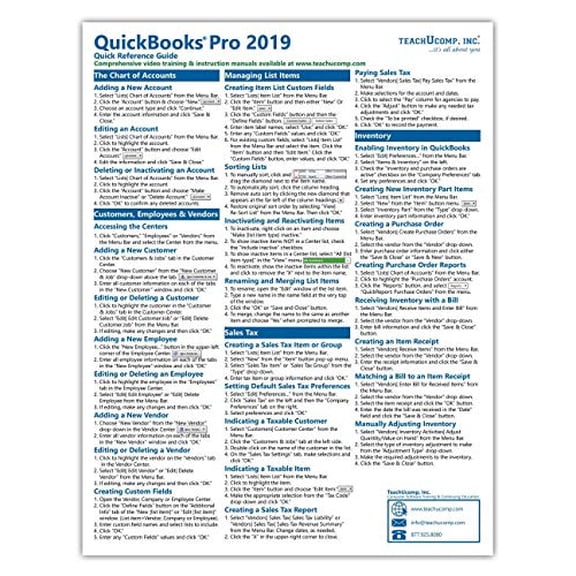 Pre-Owned QuickBooks Pro 2019 Quick Reference Training Card - Laminated Tutorial Guide Cheat Sheet (Instructions and Tips), 9781941854266, 1941854265, Paperback,