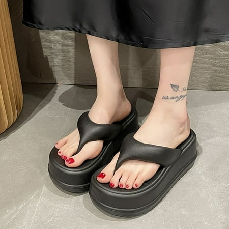 

Women s solid color flip flops casual clip toe summer platform shoes comfortable slip on beach shoes