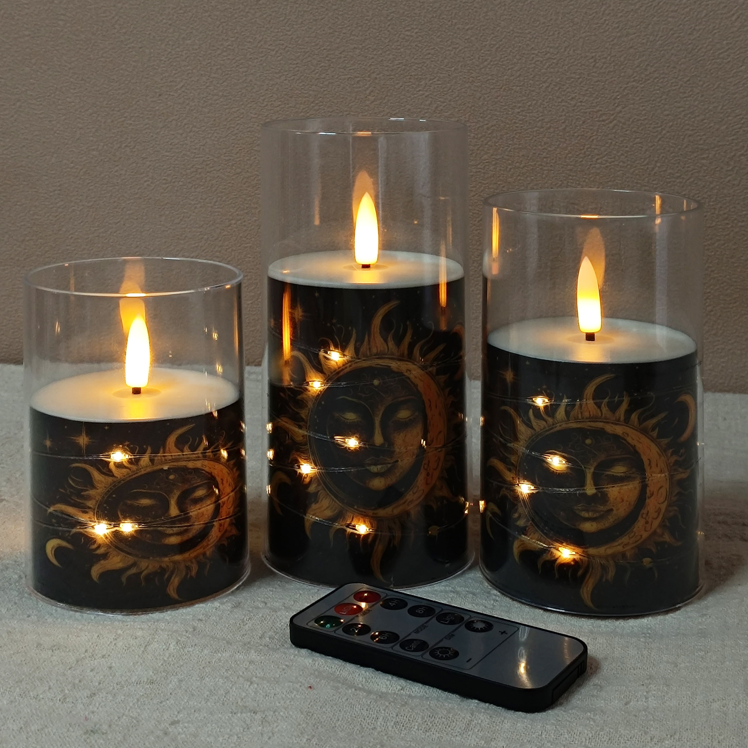 Flameless Candles with String Lights LED Candle Battery Operated Candles with Remote Control,Printed Pillar LED Candles for Wedding Holiday Party Table Home Decorations,Set of 3