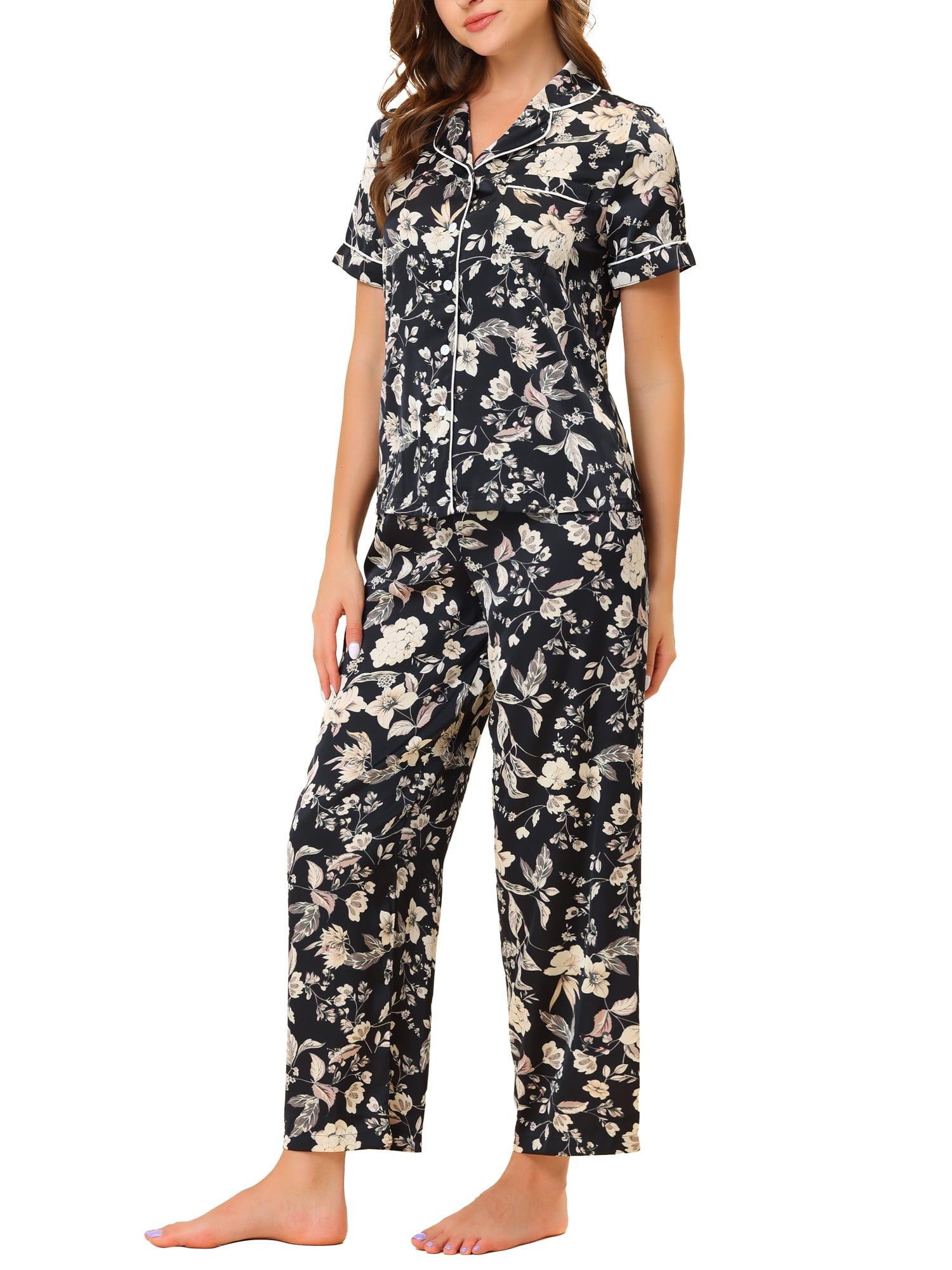 Unique Bargains Women's Pajama Set Silk Short Sleeves and Pants Floral Satin Sets
