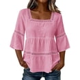 thumbnail image 2 of VBVC Women's Cotton Linen Square Neck Top, Ladies' 3/4 Sleeve Babydoll Blouse, Lace Trim Tiered Summer Shirt For Women, Pink , S-2XL, 2 of 6