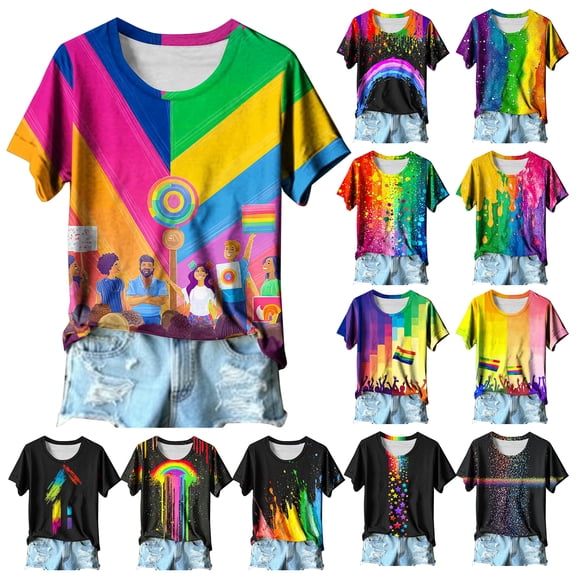 NSLGXD Womens T-shrits Dressy Casual Crew Neck Short Sleeve Shirts Plus Size Rainbow Graphic Tees Comfy Going Out Tshirt Top S-2XL Multicolor Top